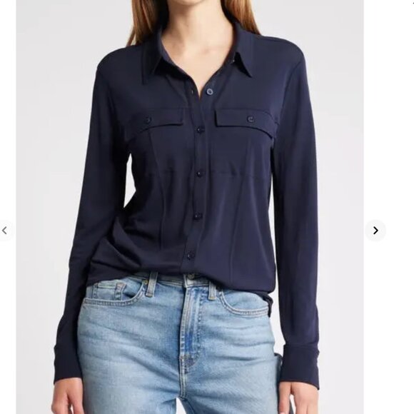 FRAME jersey button-up shirt navy Dark Blue Women's Button-Down Top S Small - Picture 1 of 8